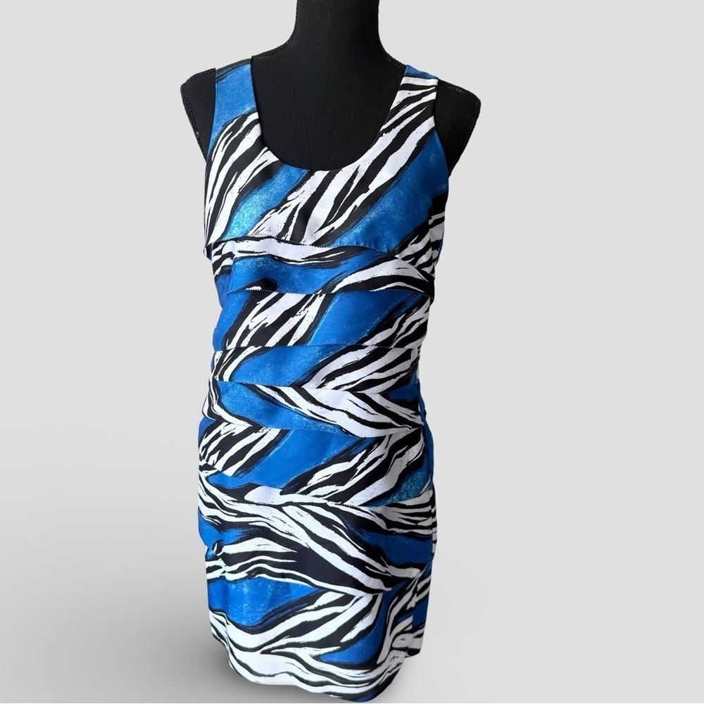 MICHAEL KORS Blue Black White Ruffled Zebra Stripe Sleeveless Dress